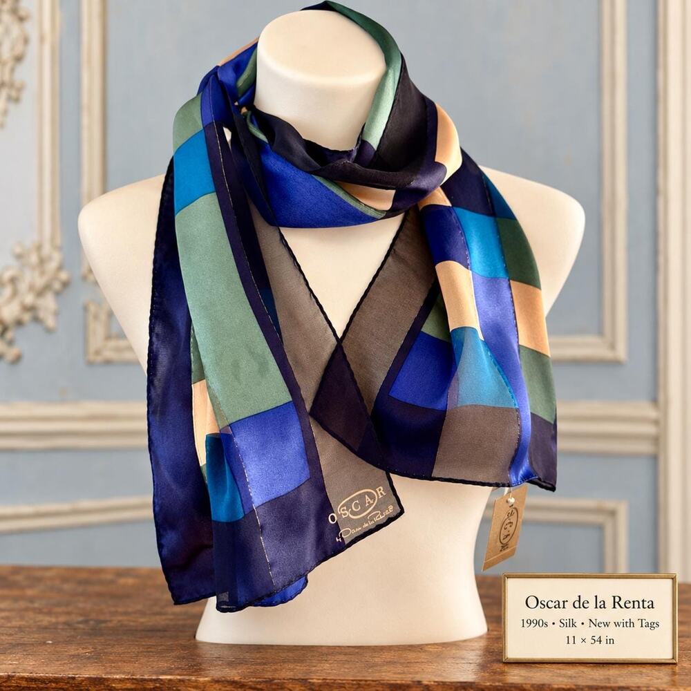 Vintage Oscar de la Renta NWT 1990s Color Block Silk Scarf Navy Teal Sage 11x54
